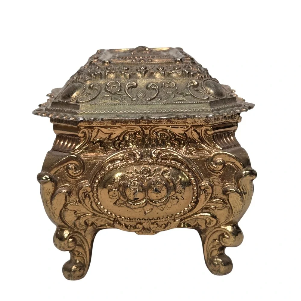 Jewelry Box  Gold Ornate Floral Footed Red Velvet Lining Vintage Heavy vtg